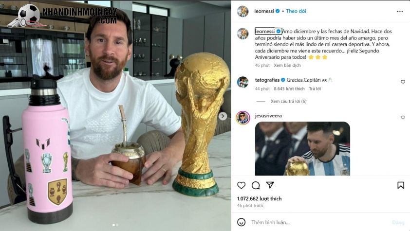 Messi chia sẻ dòng trạng thái trong ngày tròn hai năm cùng ĐT Argentina giành chức vô địch World Cup 2022. Ảnh: Chụp màn hình