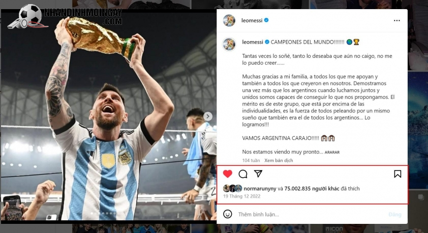 Messi có bài đăng Instagram nhận nhiều lượt yêu thích nhất lịch sử (Ảnh: Instagram).